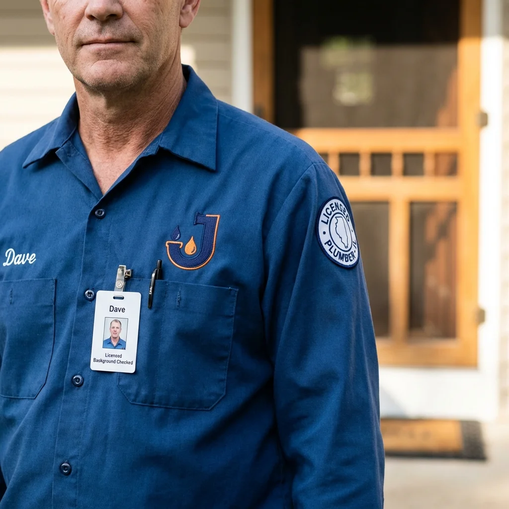 Licensed plumber showing ID badge in Versailles, IN