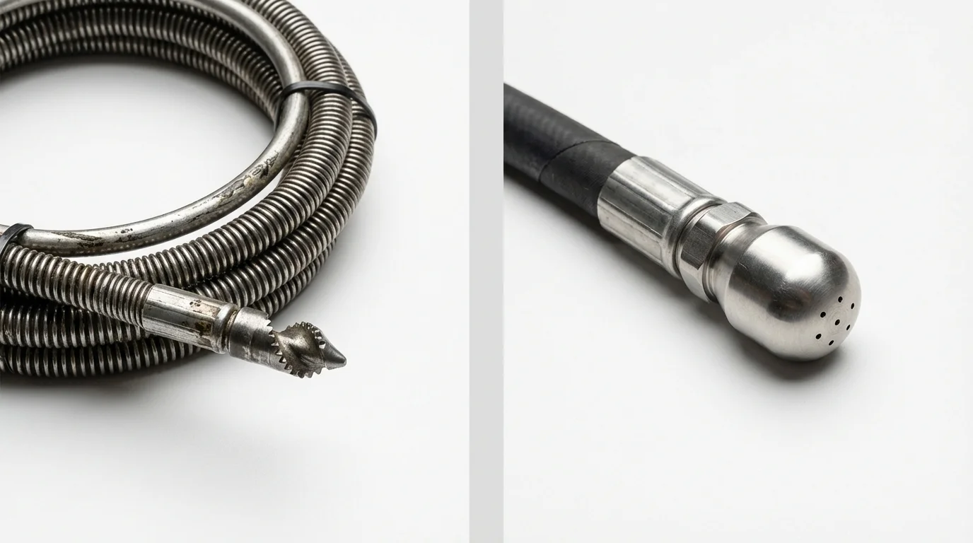 Drain snake cable and hydro jetting nozzle used for drain cleaning in Versailles, IN