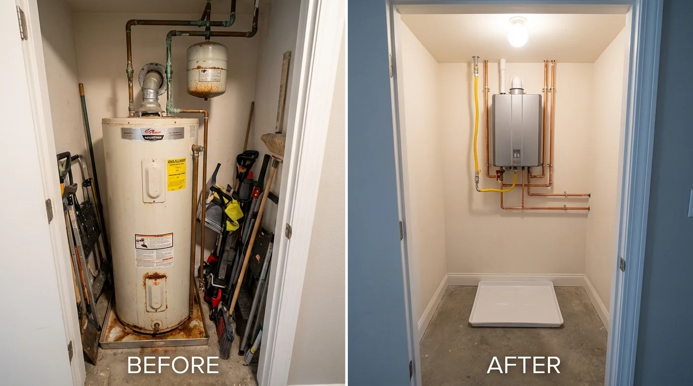 Tank water heater versus wall-mounted tankless unit comparison for Versailles, IN homeowners