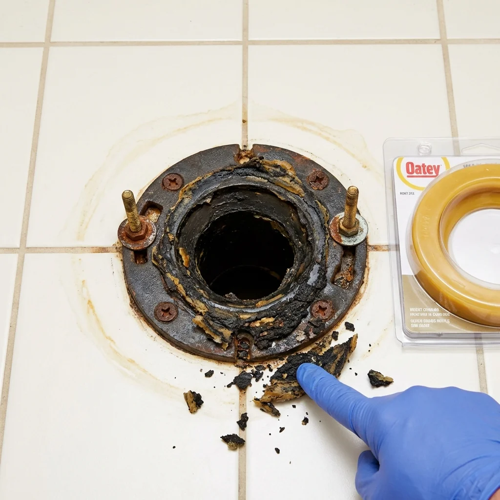 Failed wax ring showing water seepage at the base of a toilet in a Versailles, IN home
