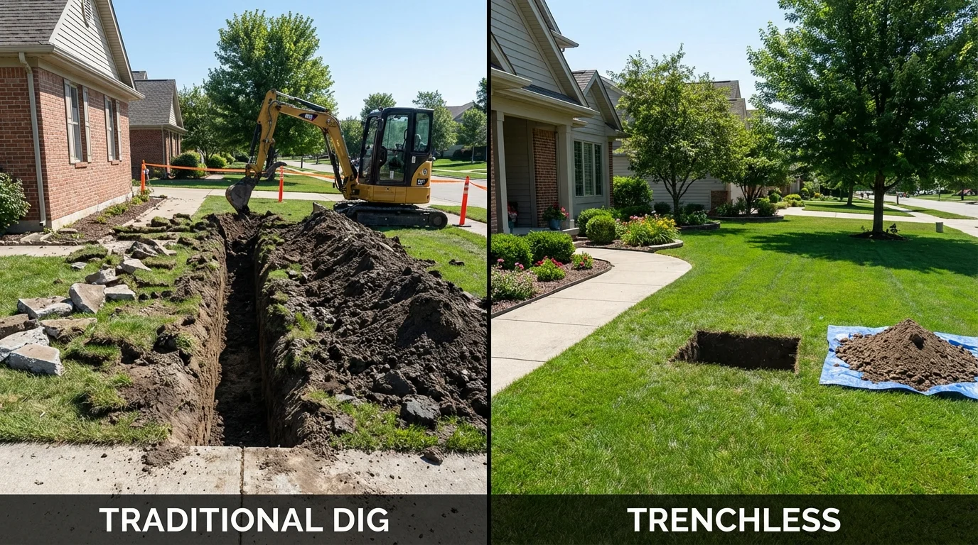 Trenchless sewer repair with minimal yard damage versus traditional excavation in Versailles, IN