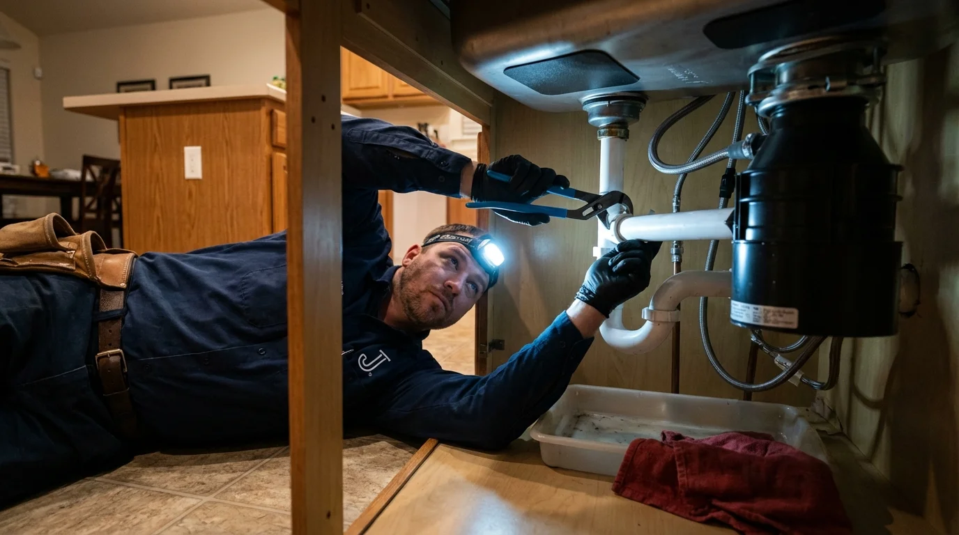 P-trap and supply line connections under a kitchen sink showing a common leak point in Versailles, IN